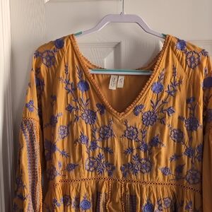 Anthropologie Mustard and Purple Embroidered Mini Dress